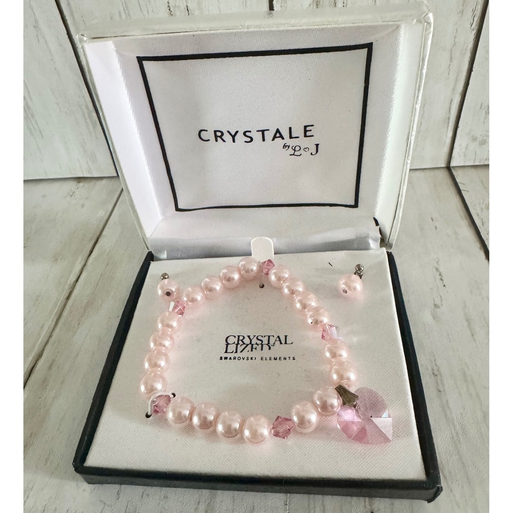 Crystale by L&J Pink Pearl Bracelet/Earrings Set Swarovski Elements Heart Charm